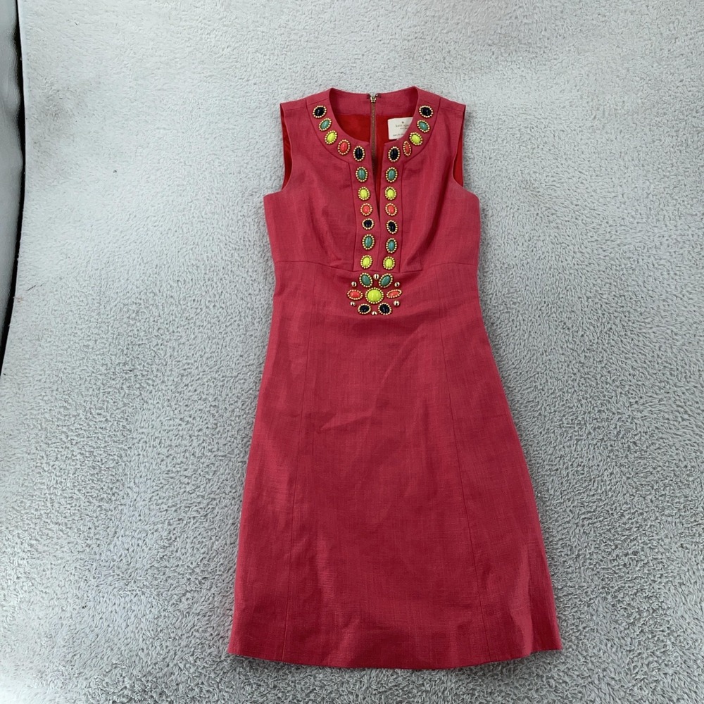 Kate Spade New York Dress Womens 00 Pink Red A-Line Sleeveless Jeweled Back Zip